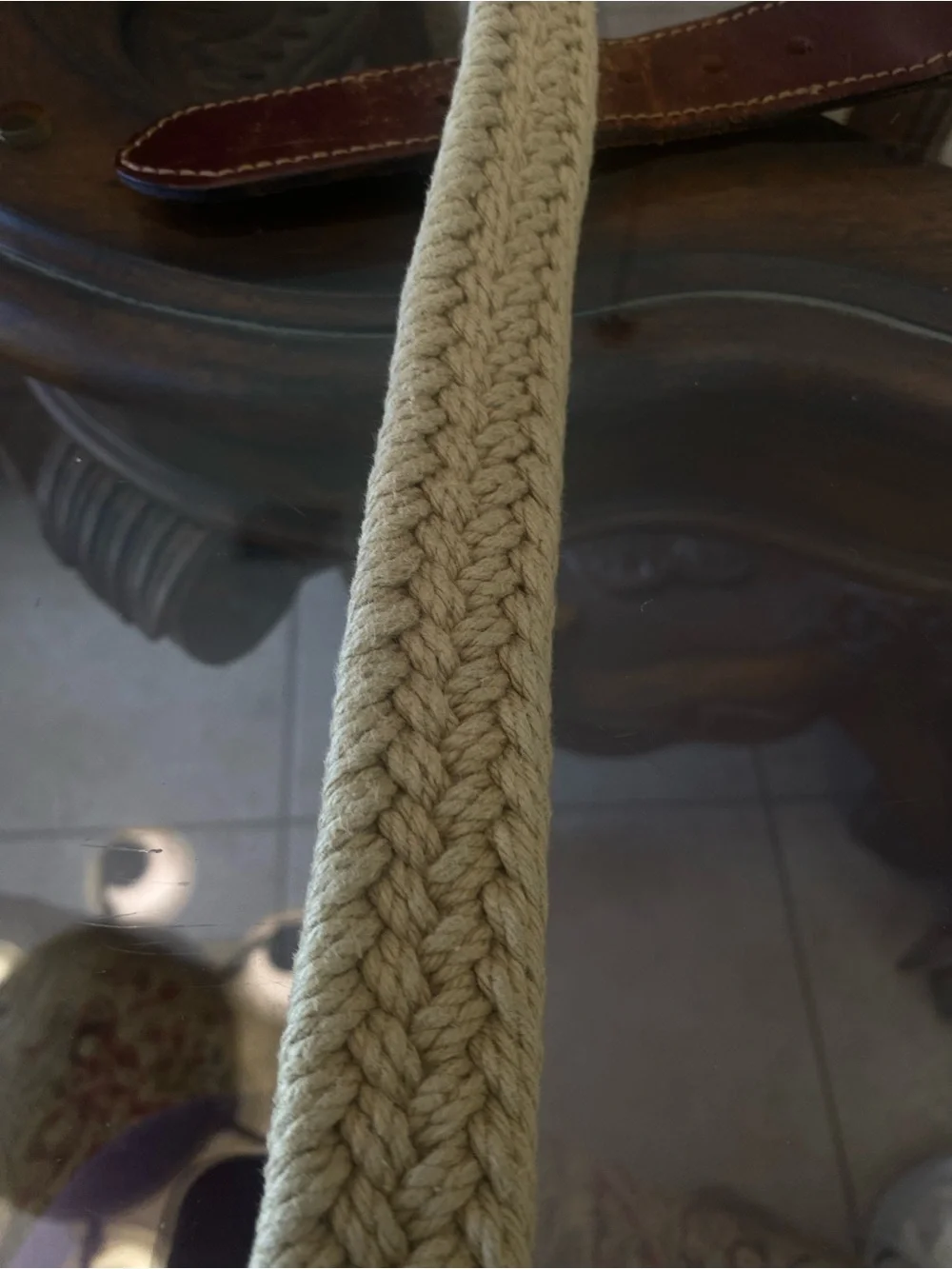 Cream Braided Cotton Belt with Brown Leather Trim